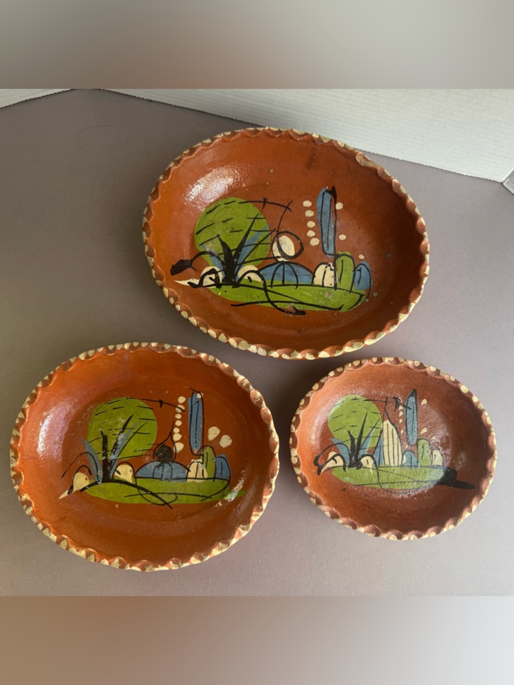 Vintage 1950’s Terracotta Decorative Bowls - Orange and Green (Unbranded)